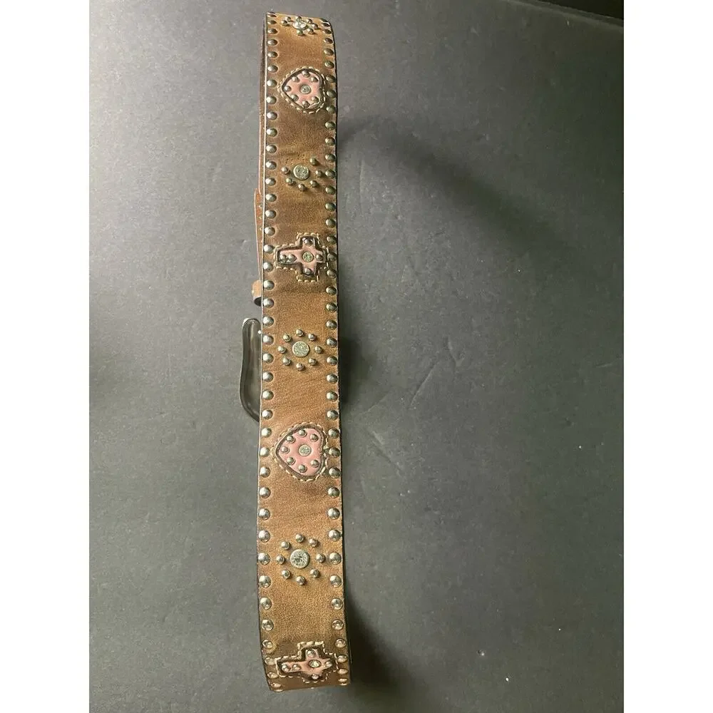 Nacona Girls Size 26”Heart Belt Brown Leather Studded Western Rodeo Cowgirl